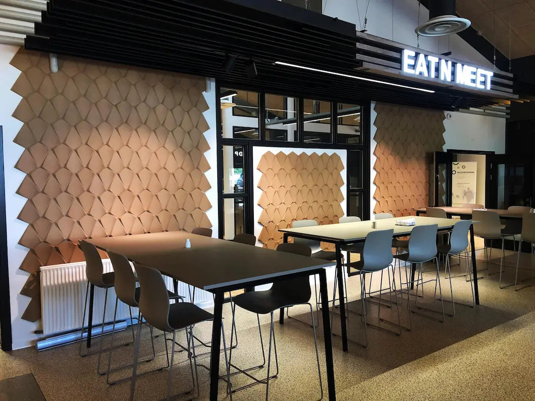 KITE 3D Acoustic Cork Wall Panels in a modern restaurant space | DecorMania UK