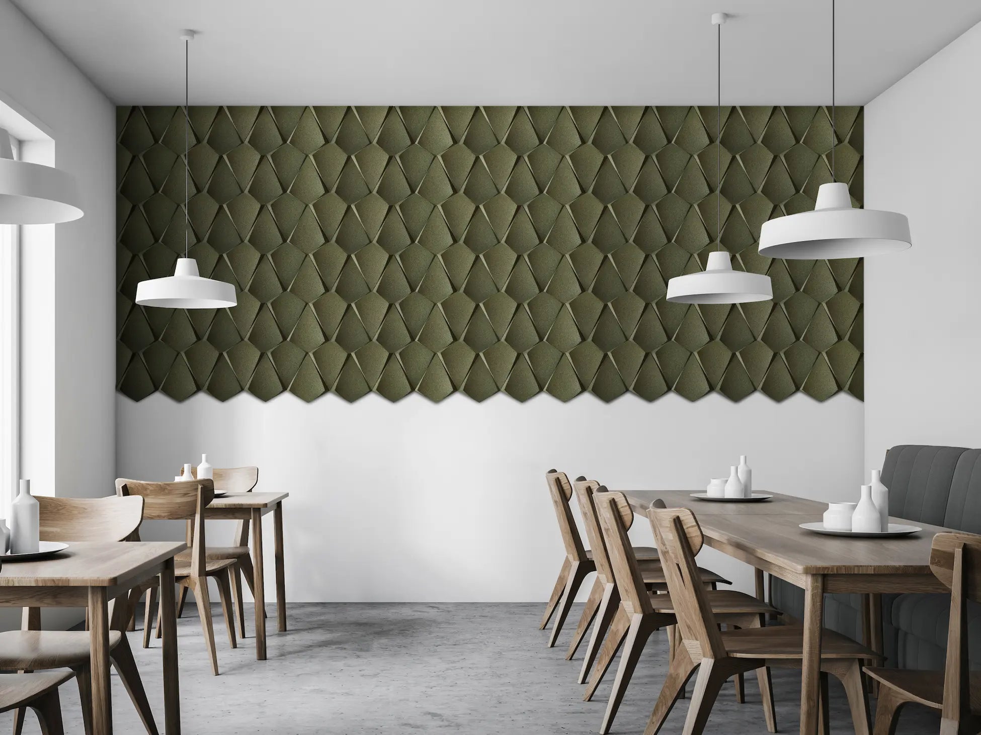 KITE 3D Acoustic Cork Wall Panels in a modern dining space | DecorMania UK