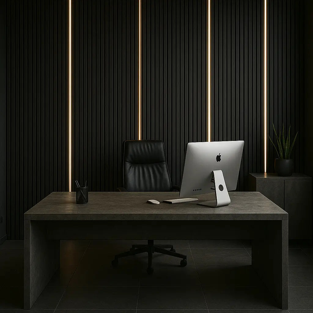 LED Stripe kit on black slat wood wall 