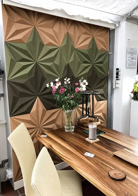 LINE - Acoustic 3D Cork  Wall Panels in a cozy dining space | DecorMania UK