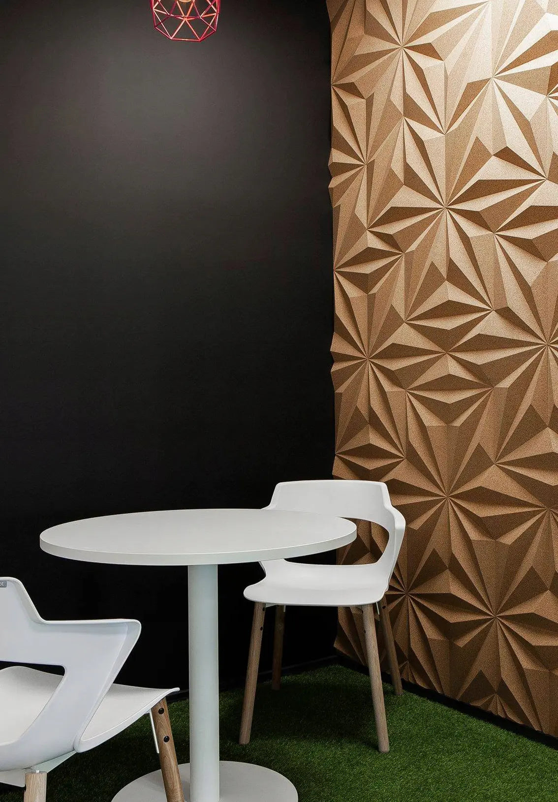 LINE - Acoustic 3D Cork  Wall Panels enhancing a modern café corner | DecorMania UK