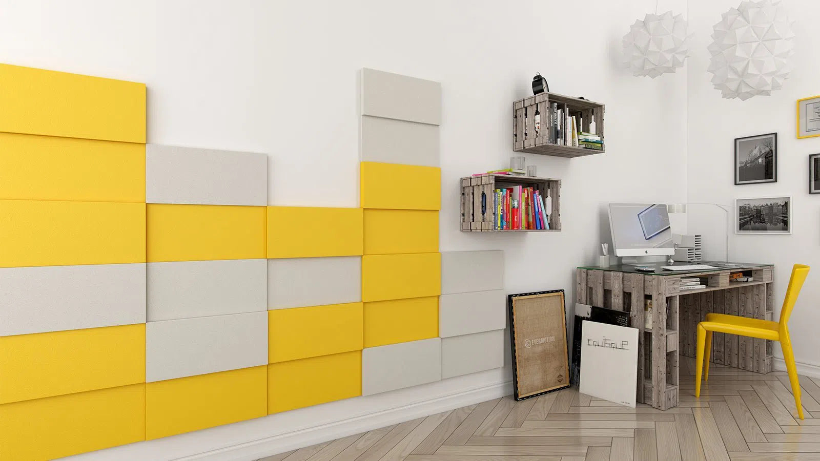 LINE Soft Acoustic Wall Panels in white and yellow interior | DecorMania UK