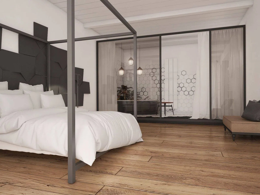 LINK Acoustic soft 3D wall panel in white bedroom interior combined with wood 3D Wall Panels | DecorMania UK