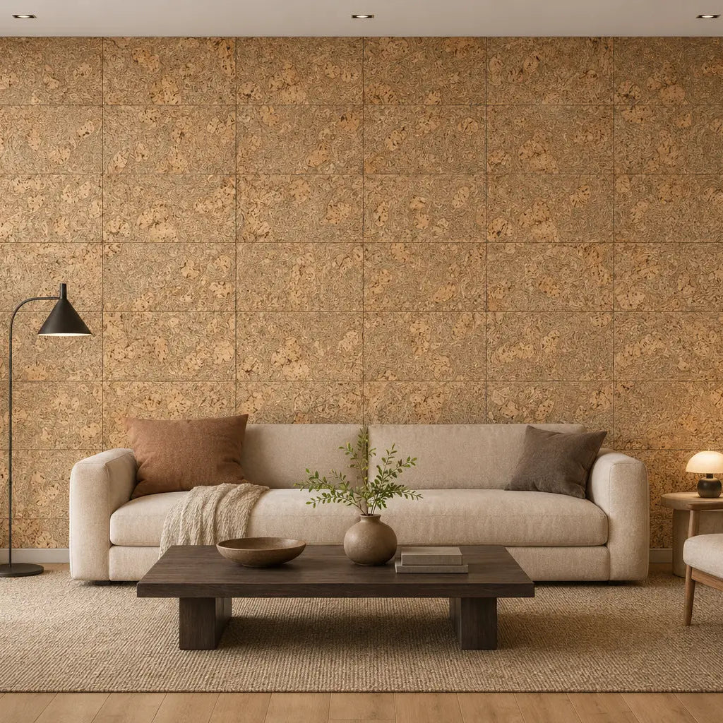 LUX cork acoustic wall panels in a modern living room with a cream sofa, wooden coffee table and neutral décor front view