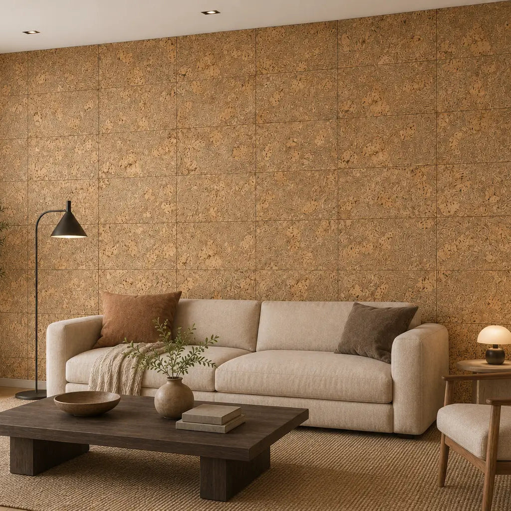 LUX cork acoustic wall panels in a modern living room with a cream sofa, wooden coffee table and neutral décor side view