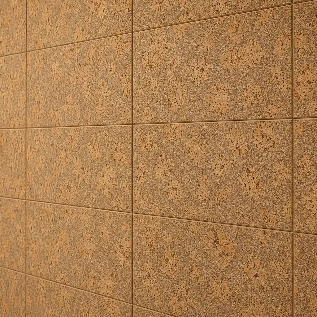 LUX cork acoustic wall panels in a modern living room with a cream sofa, wooden coffee table and neutral décor close up view
