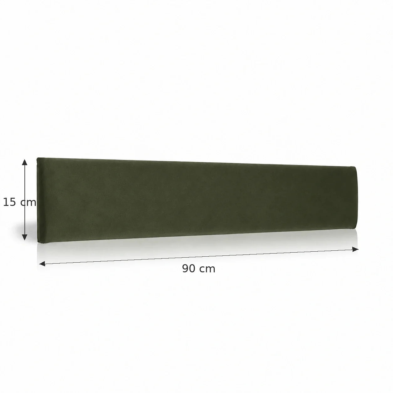 Olive Green upholstered padded wall panel with dimension lines, showing 90 cm width and 15 cm height