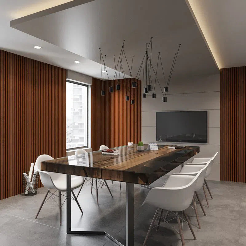 Mahogany Acoustic Wood Slat Wall Panel in dining rooom interior DecorMania UK