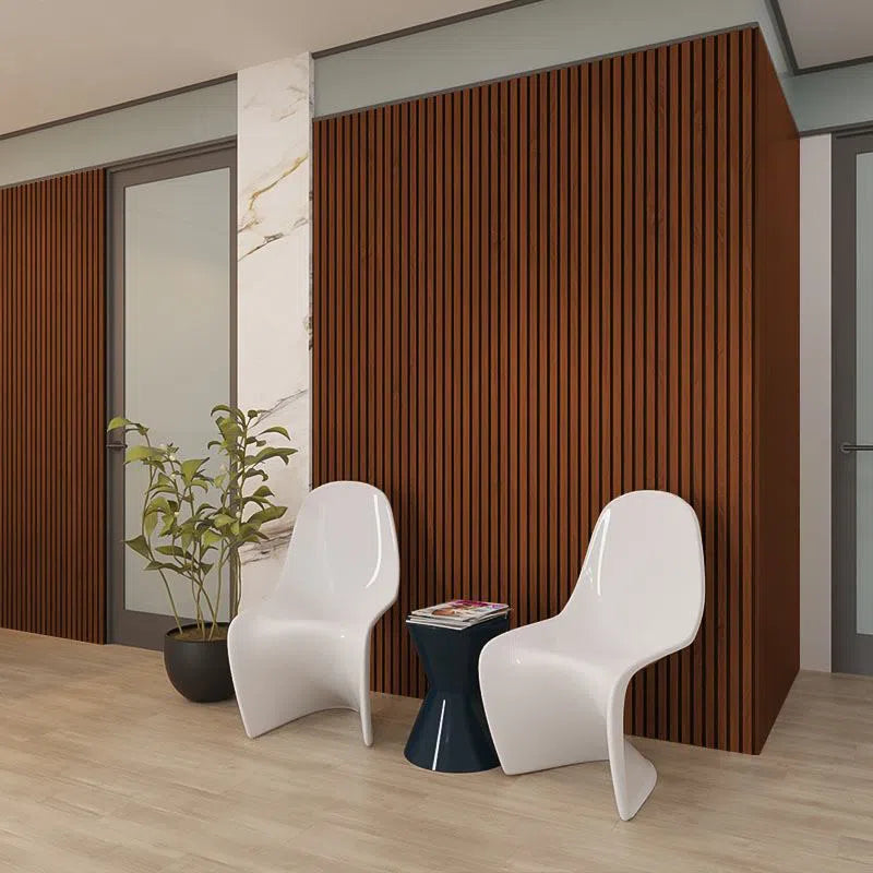 Mahogany Acoustic Wood Slat Wall Panel in sitting room area DecorMania UK
