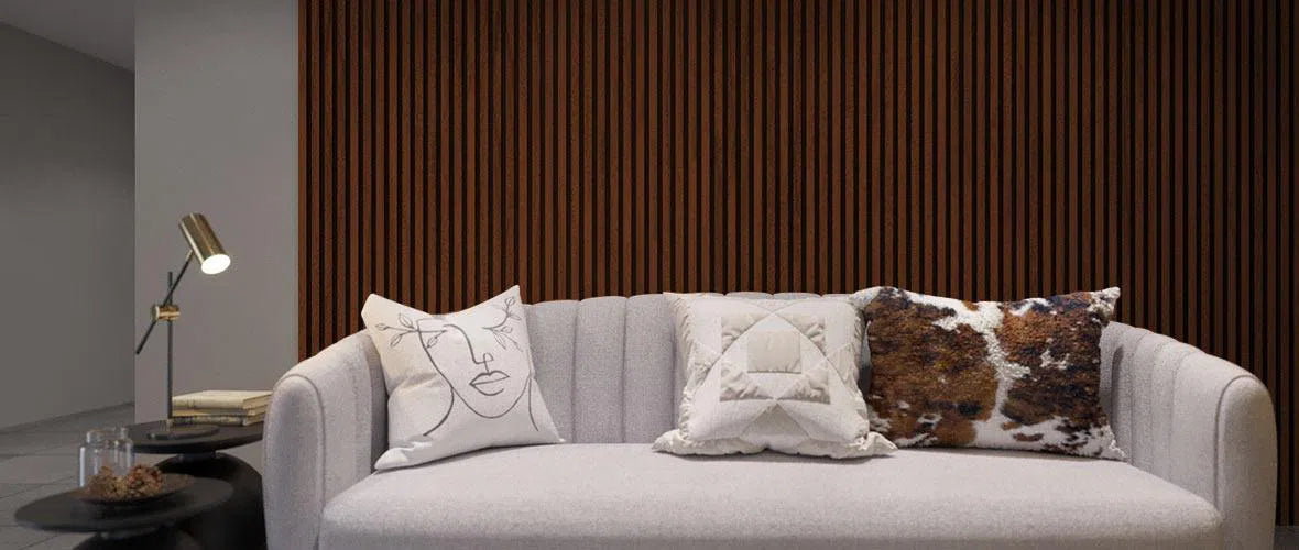 Mahogany Acoustic Wood Slat Wall Panel in living room area DecorMania UK