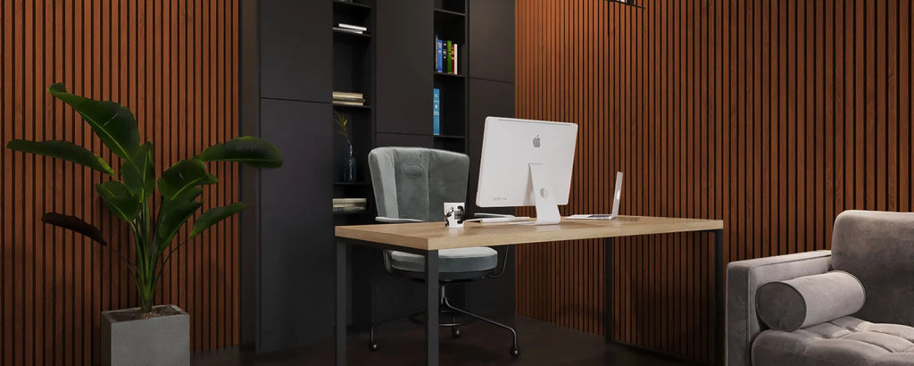 Mahogany Acoustic Wood Slat Wall Panel in ofiice interior DecorMania UK