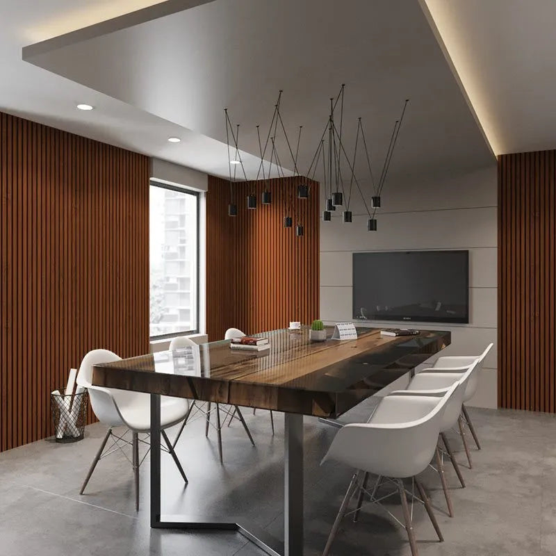 Mahogany Acoustic Wood Slat Wall Panel dining room interior DecorMania.co.uk