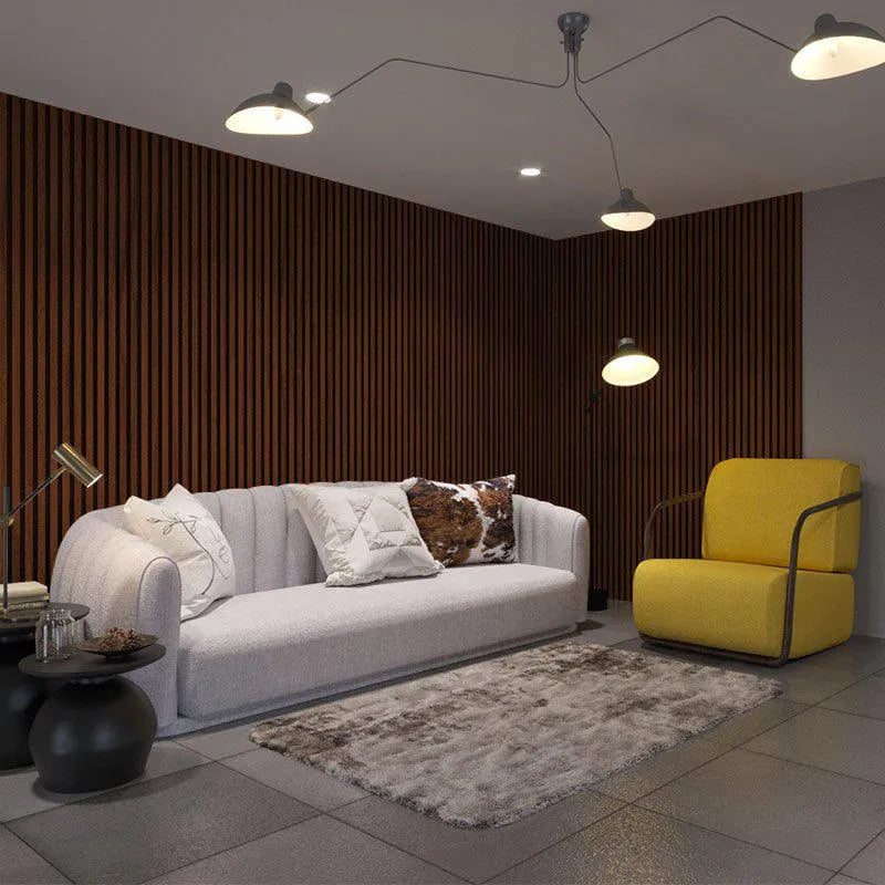 Mahogany Acoustic Wood Slat Wall Panel living room interior DecorMania.co.uk
