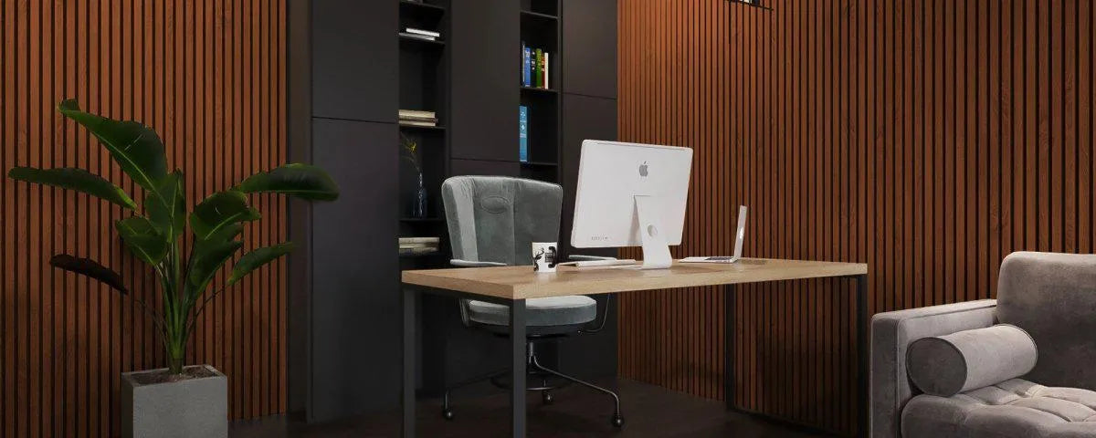 Mahogany Acoustic Wood Slat Wall Panel in office interior DecorMania.co.uk