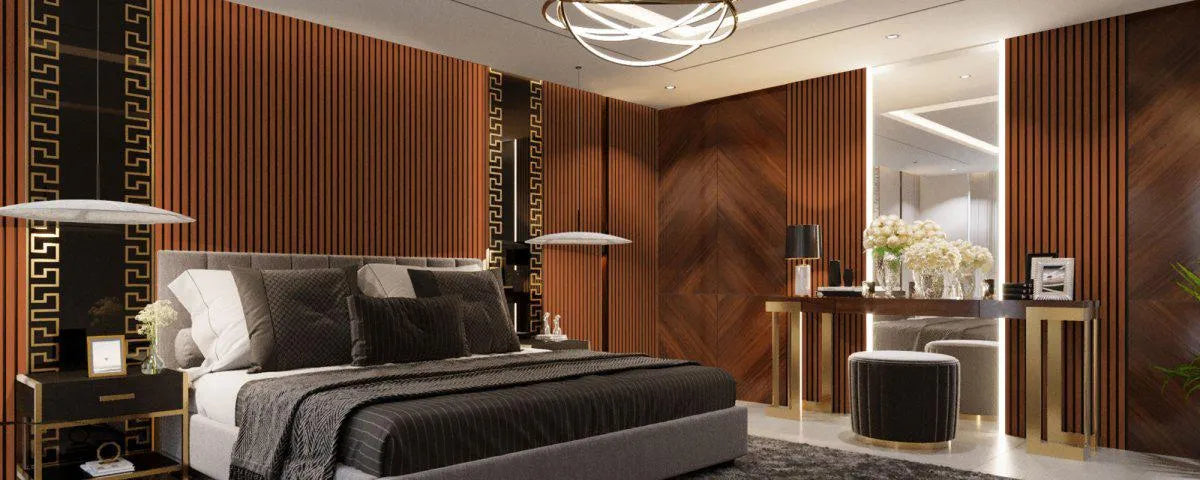 Mahogany Acoustic Wood Slat Wall Panel in bedroom interior DecorMania.co.uk