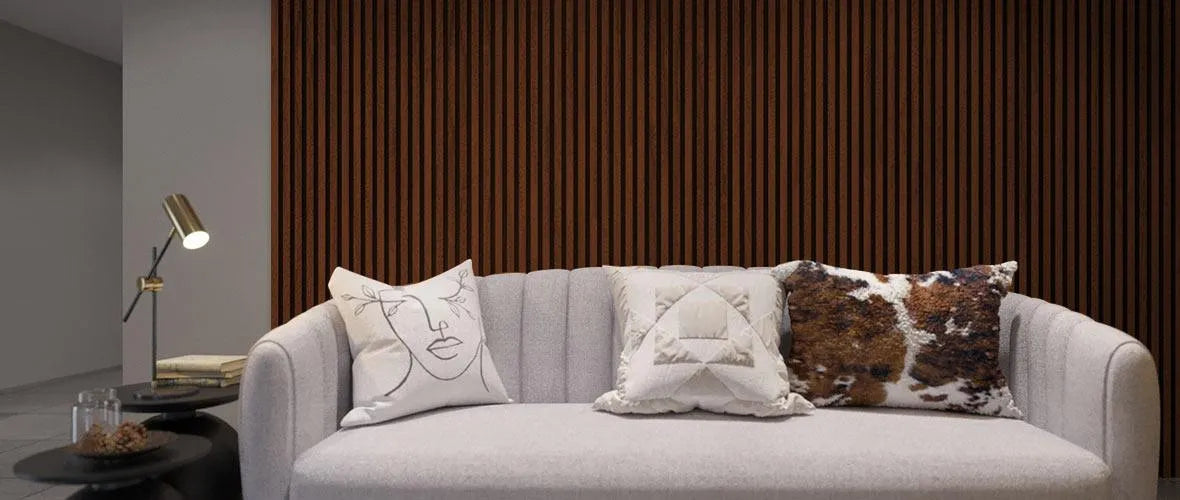 Mahogany Wood Slat Wall Panelling with couch 300x60 cm DecorMania UK