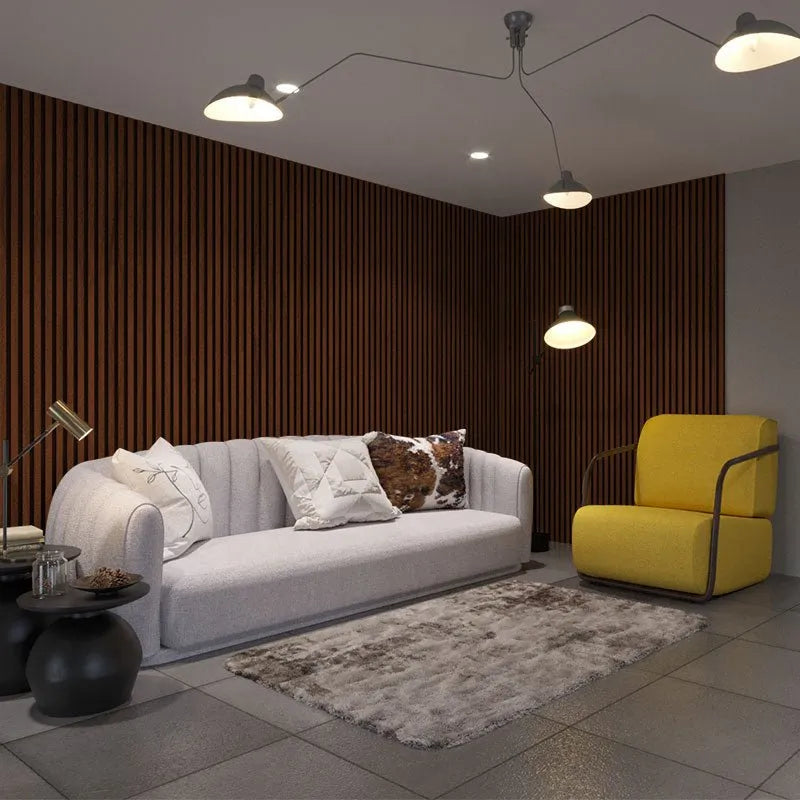 Mahogany Wood Slat Wall Panelling in living room interior 300x60 cm DecorMania UK