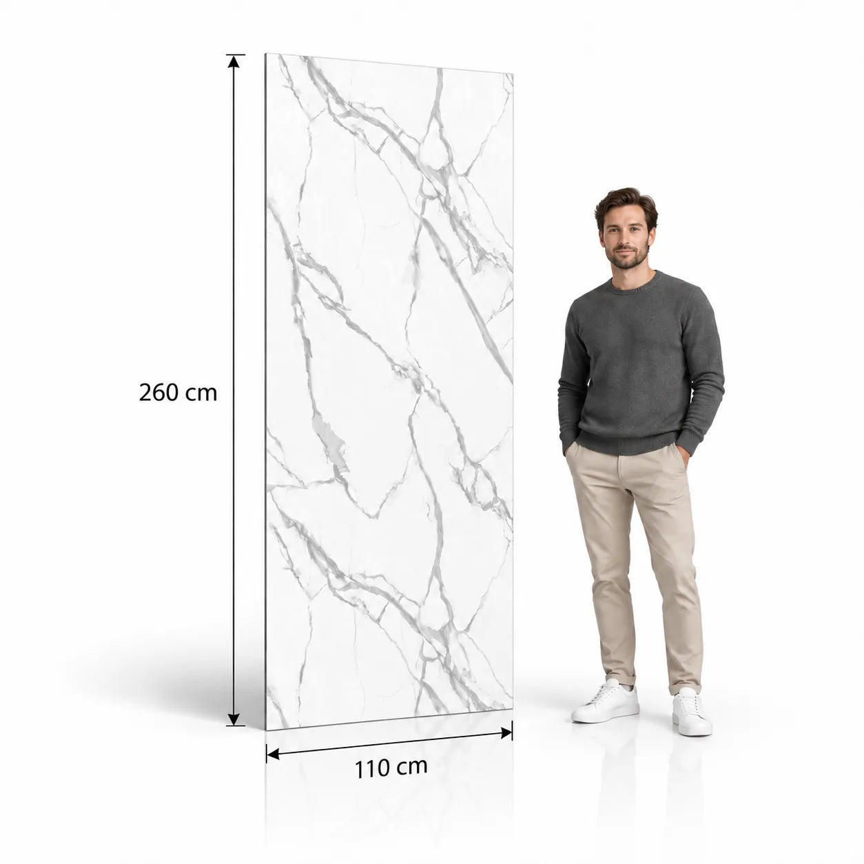 White marble effect mineral composite wall panel 260 cm x 110 cm shown with male model for scale
