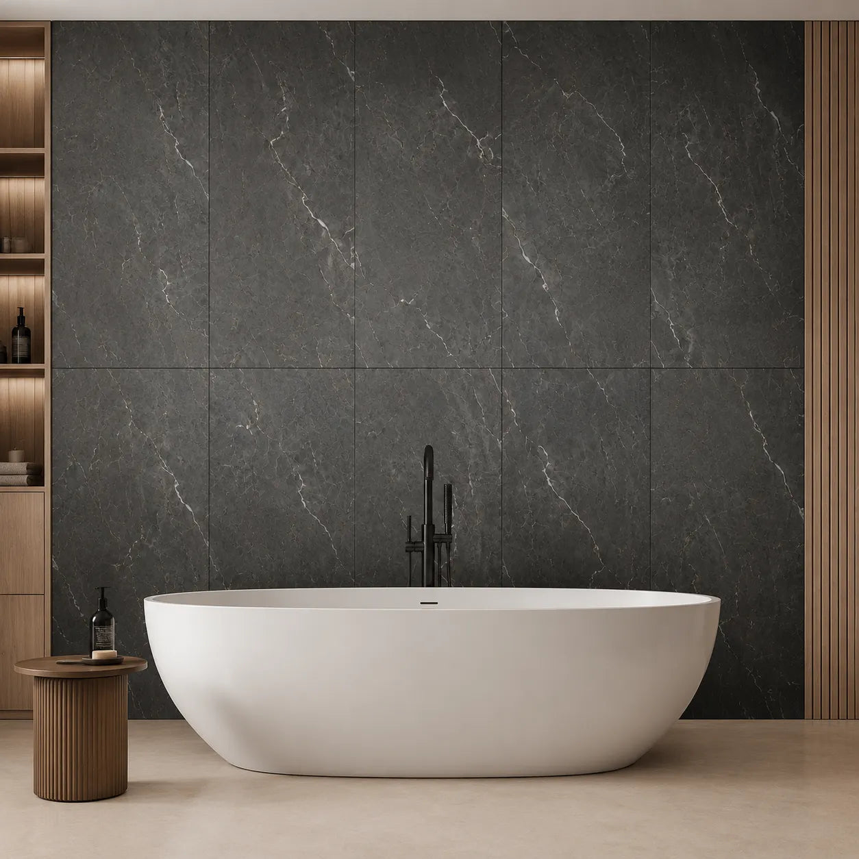Mineral Ashen Stone wall panels creating a dark grey marble feature wall behind a freestanding bathtub