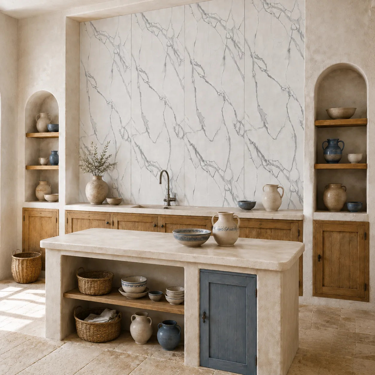 Mineral Elegance marble-effect wall panels in a Greek-style kitchen