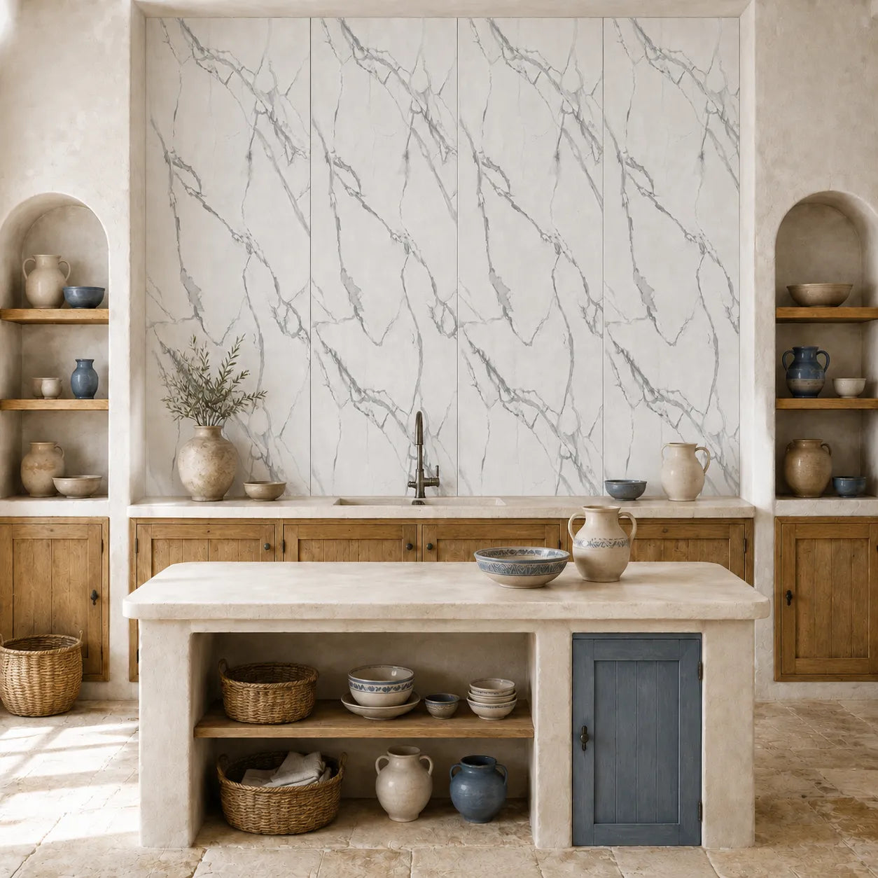 Greek-style kitchen with Mineral Elegance decorative wall panels