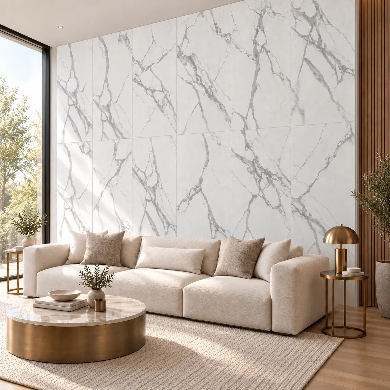 Mineral Elegance wall panels installed behind a cream sofa in a bright modern living room