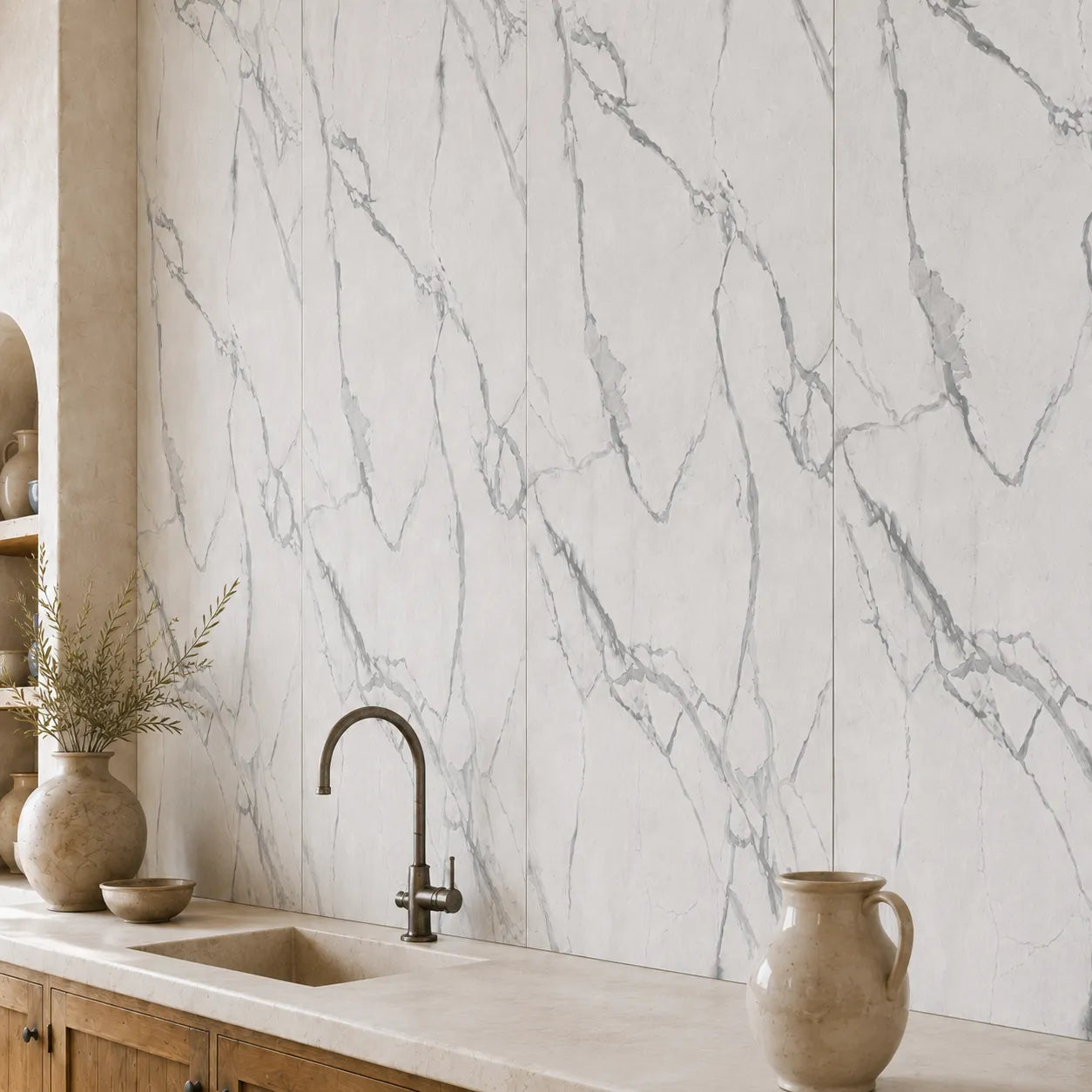 Close-up of Mineral Elegance wall panels in a kitchen interior