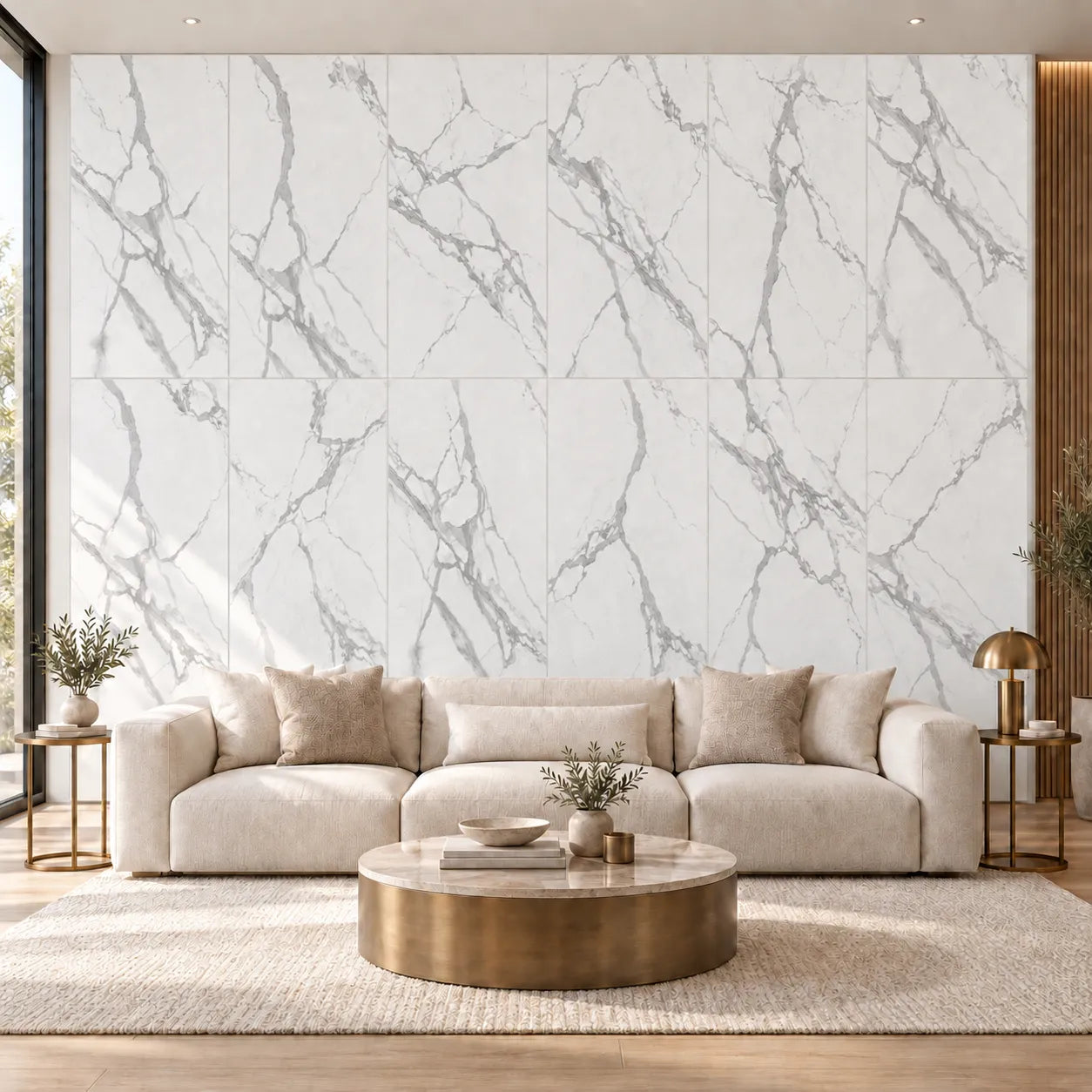 Front view of Mineral Elegance marble effect wall panels in an elegant contemporary living room