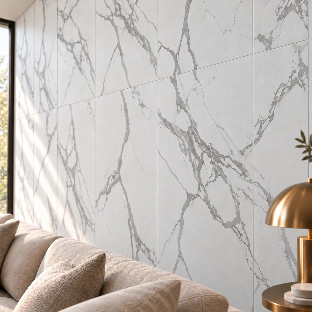 Close up of Mineral Elegance wall panels showing white marble effect and detailed grey veining