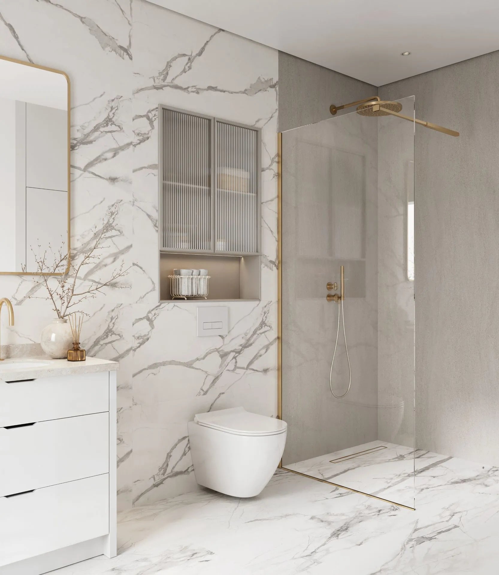 Mineral Elegance wall panels installed in a modern bathroom with walk in shower white vanity and brass details