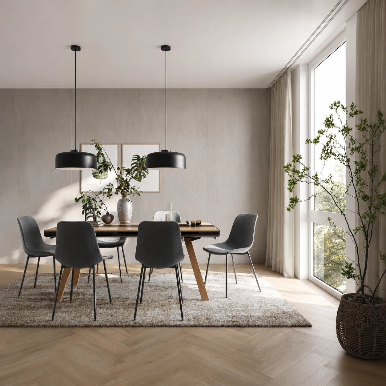 Modern dining room with Mineral Light Grey concrete wall panels