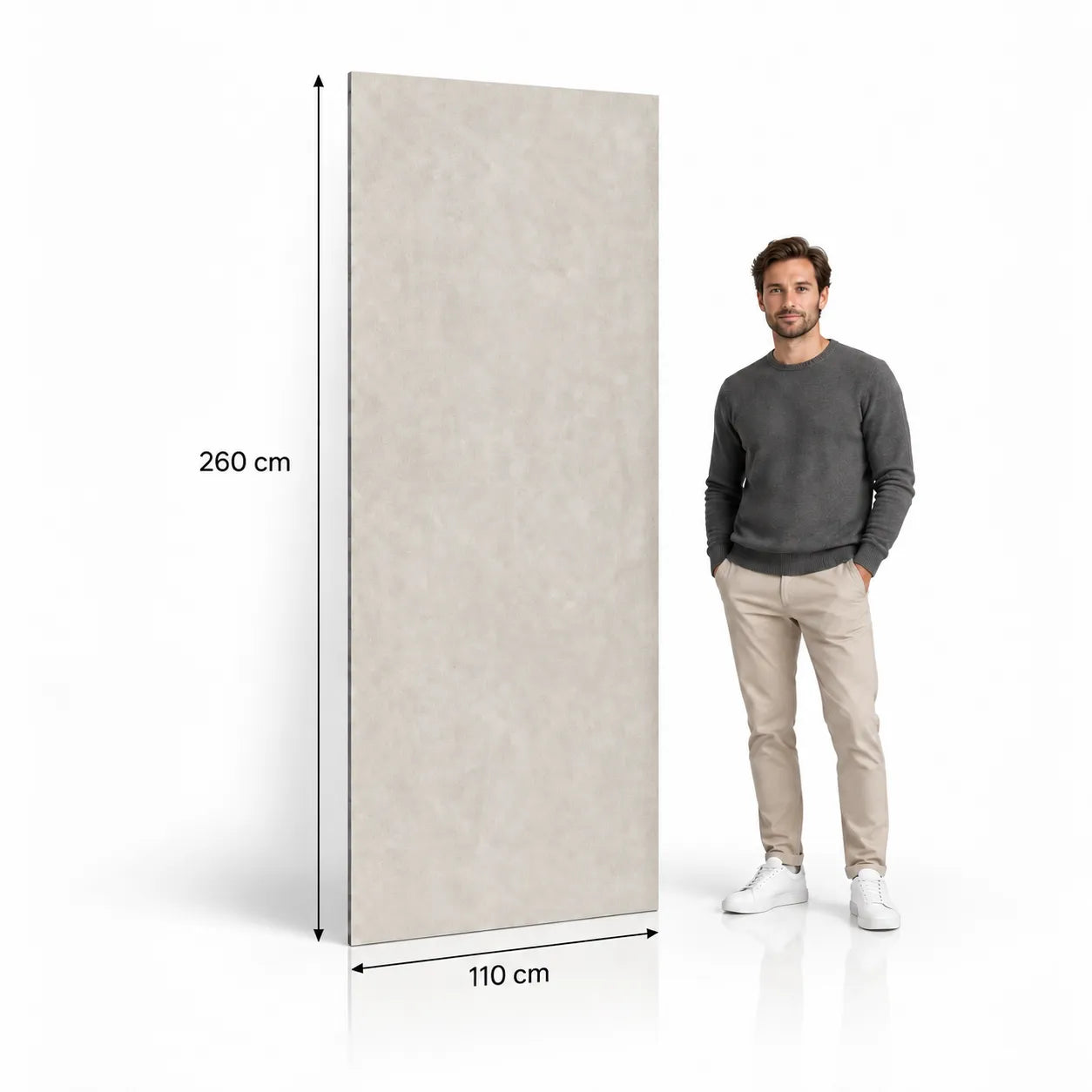 Light stone effect mineral composite wall panel 260 cm x 110 cm shown with male model for scale