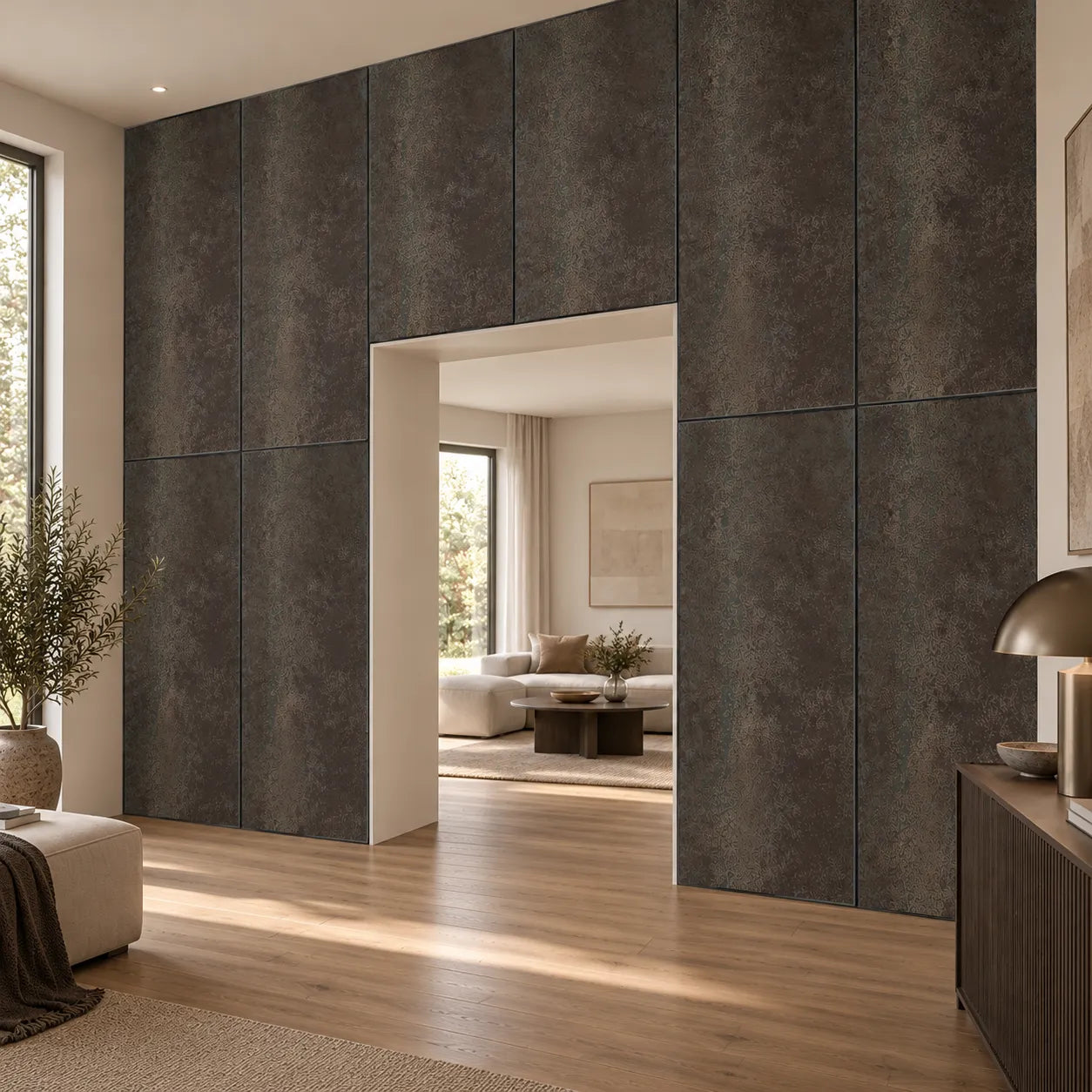 Mineral Oxyd wall panels installed around a doorway in a modern warm interior