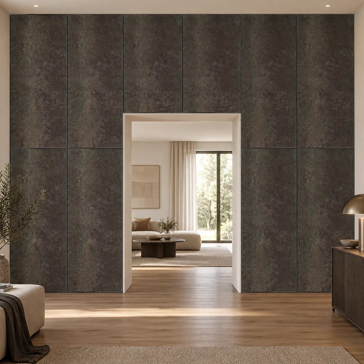 Front view of Mineral Oxyd wall panels installed around a doorway in a contemporary interior