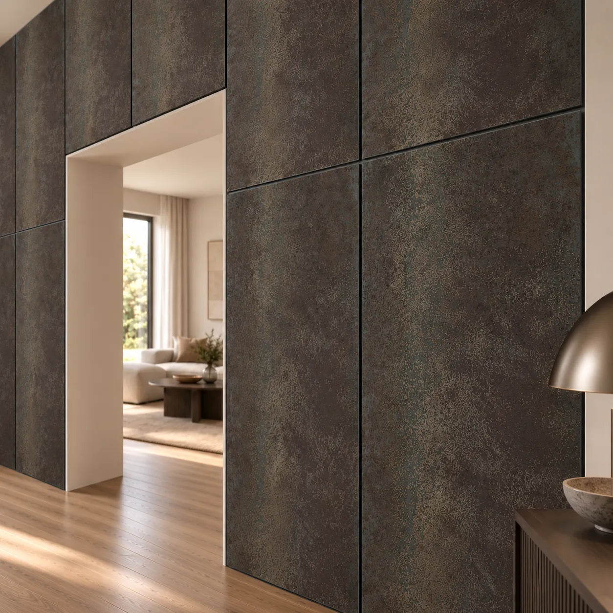 Close up view of Mineral Oxyd decorative wall panels showing the dark textured oxidised finish