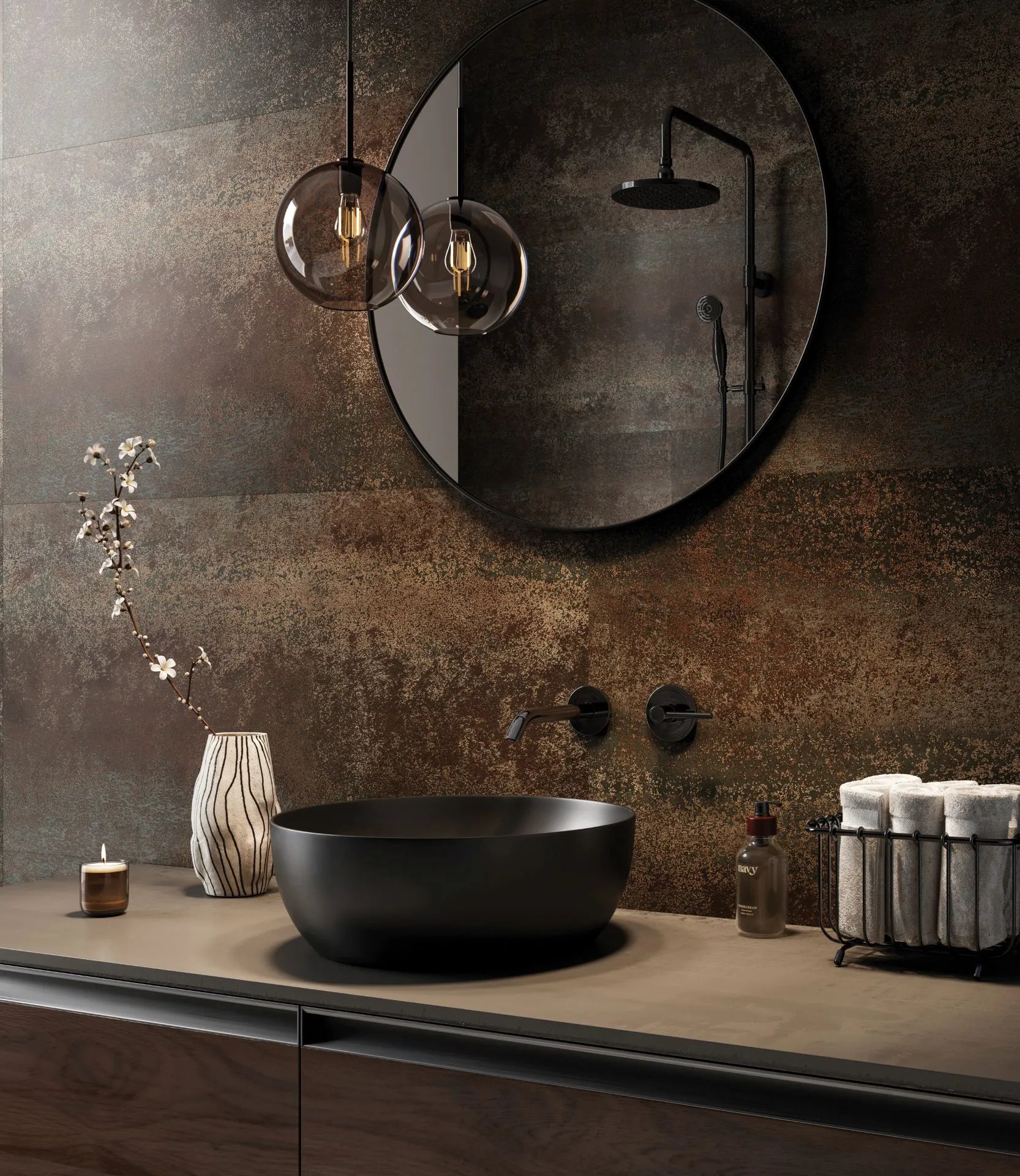 Mineral Oxyd wall panels installed in a modern bathroom with black basin and round mirror
