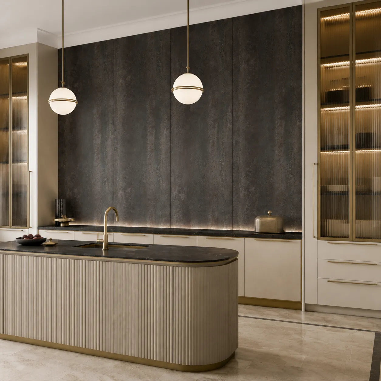 Oxyd mineral concrete wall panels in a luxury Art Deco kitchen