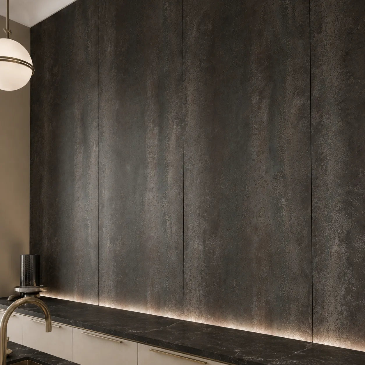 Close-up of textured Oxyd mineral concrete wall panels in a kitchen