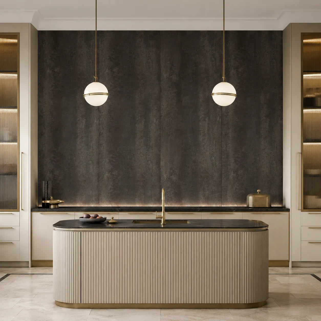 Art Deco kitchen with Oxyd mineral concrete feature wall panels