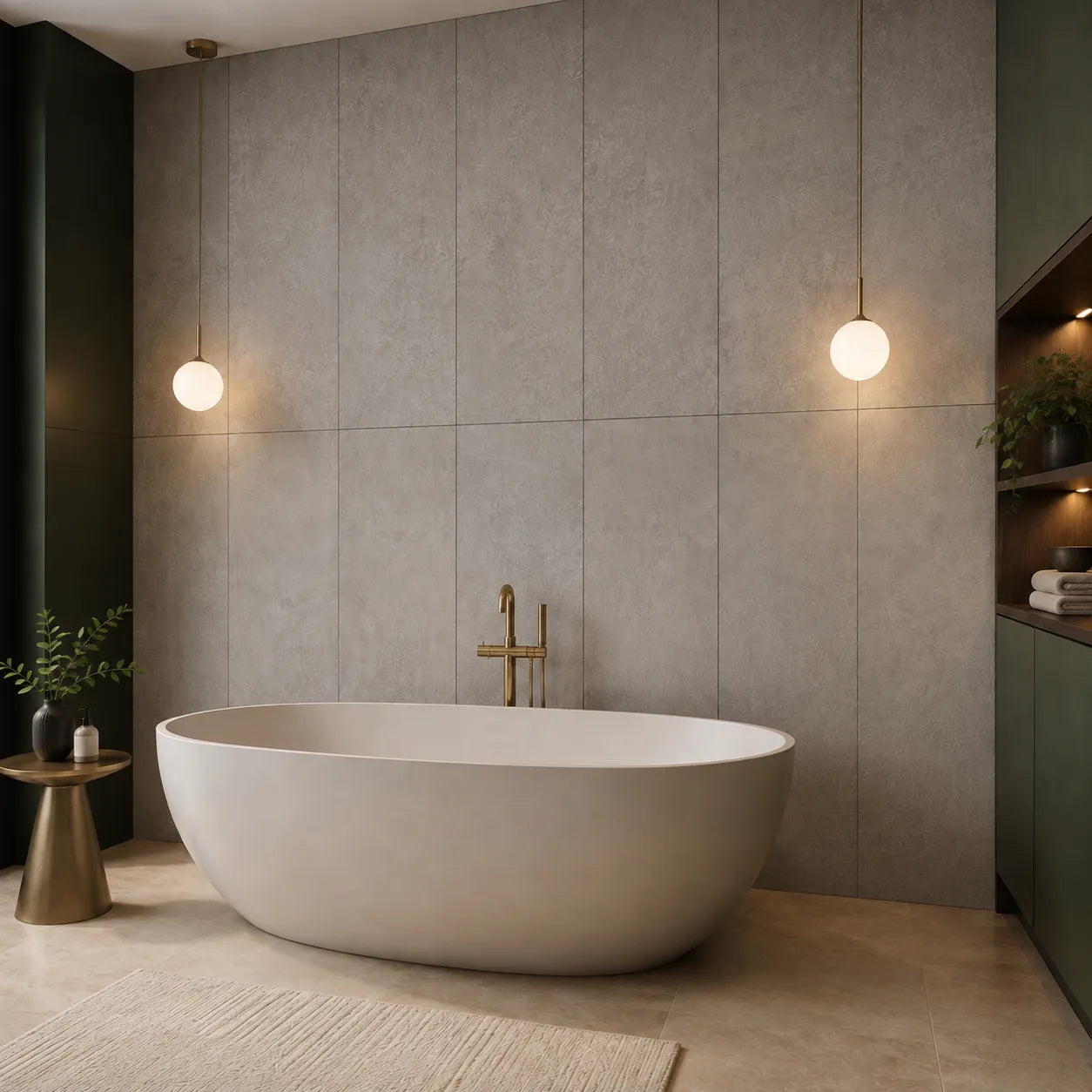 Angled view of Smoky Concrete wall panels behind a freestanding bath with brass fittings and dark green cabinetry