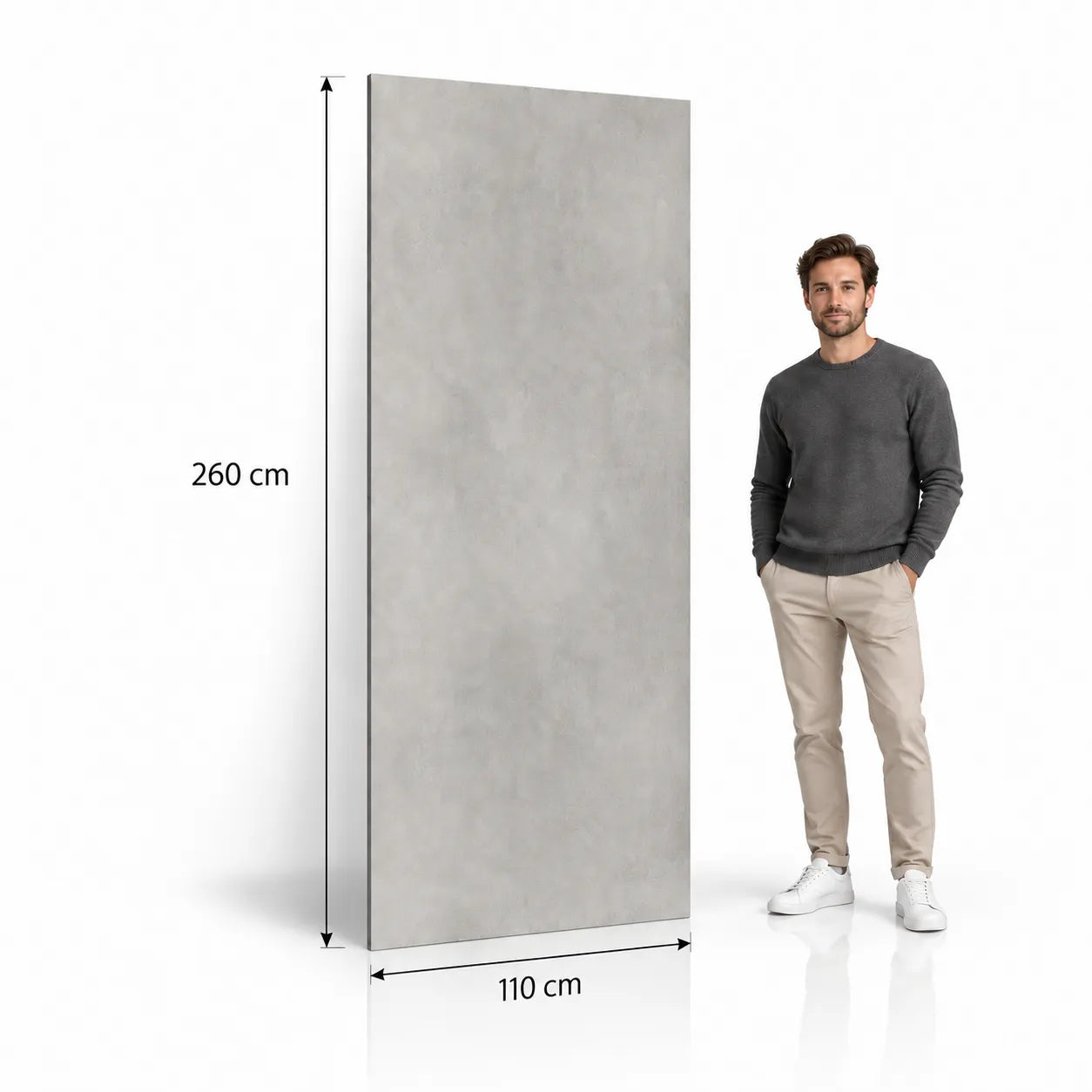 Light grey concrete effect mineral composite wall panel 260 cm x 110 cm shown with male model for scale