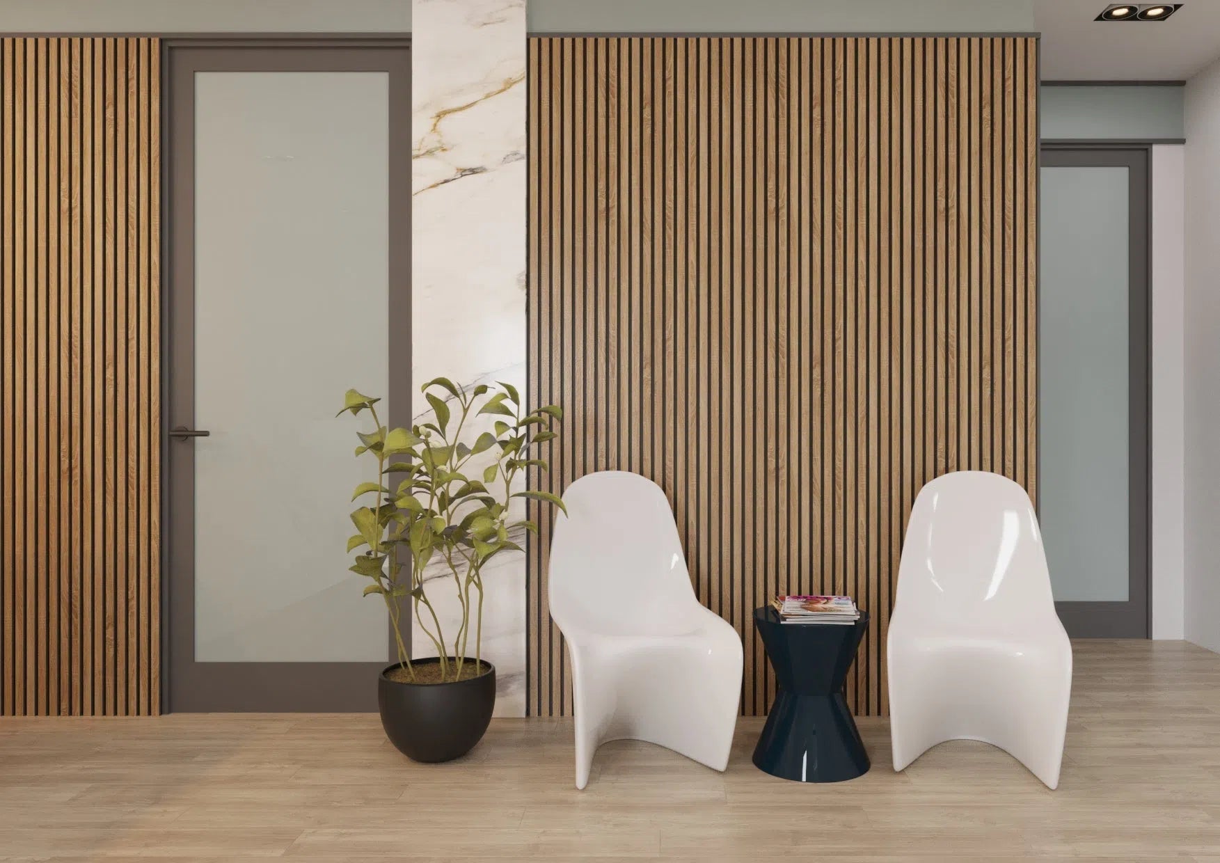 Natural Oak Black Acoustic Wood Slat Wall Panel in sitting area DecorMania UK