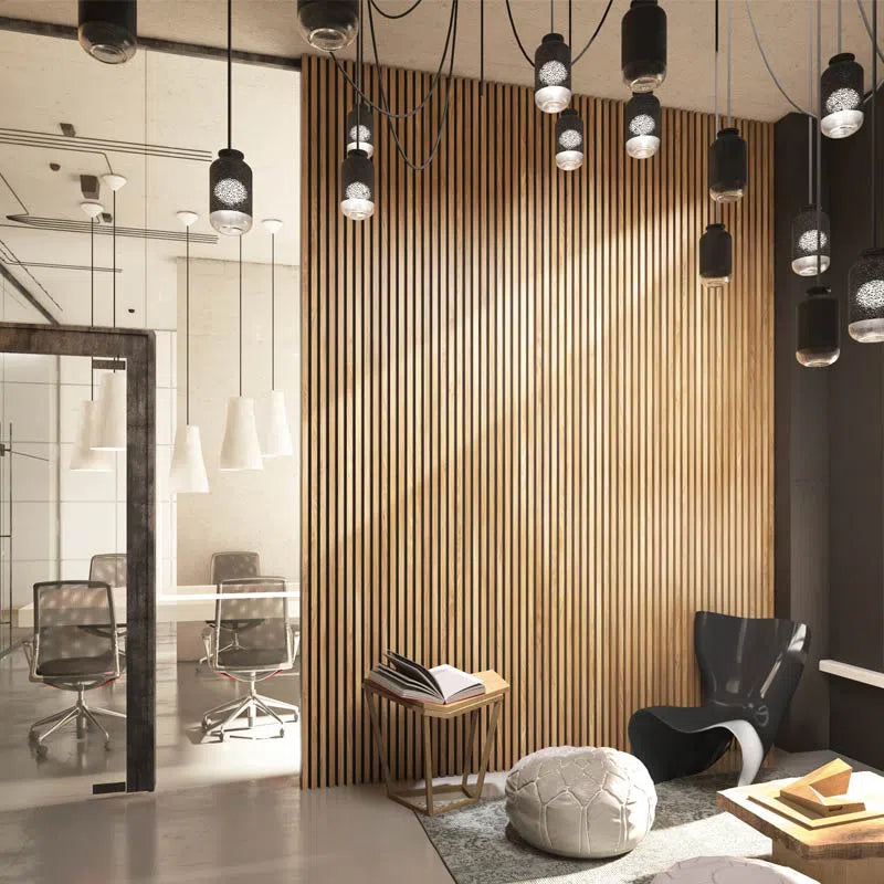Natural Oak Black Acoustic Wood Slat Wall Panel in cozy interior DecorMania UK