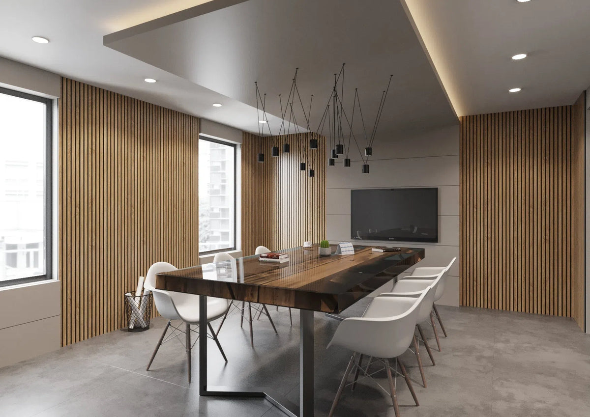 Mdf Rafter Natural Oak - Black Acoustic Wood Slat Wall Panel DecorMania UK