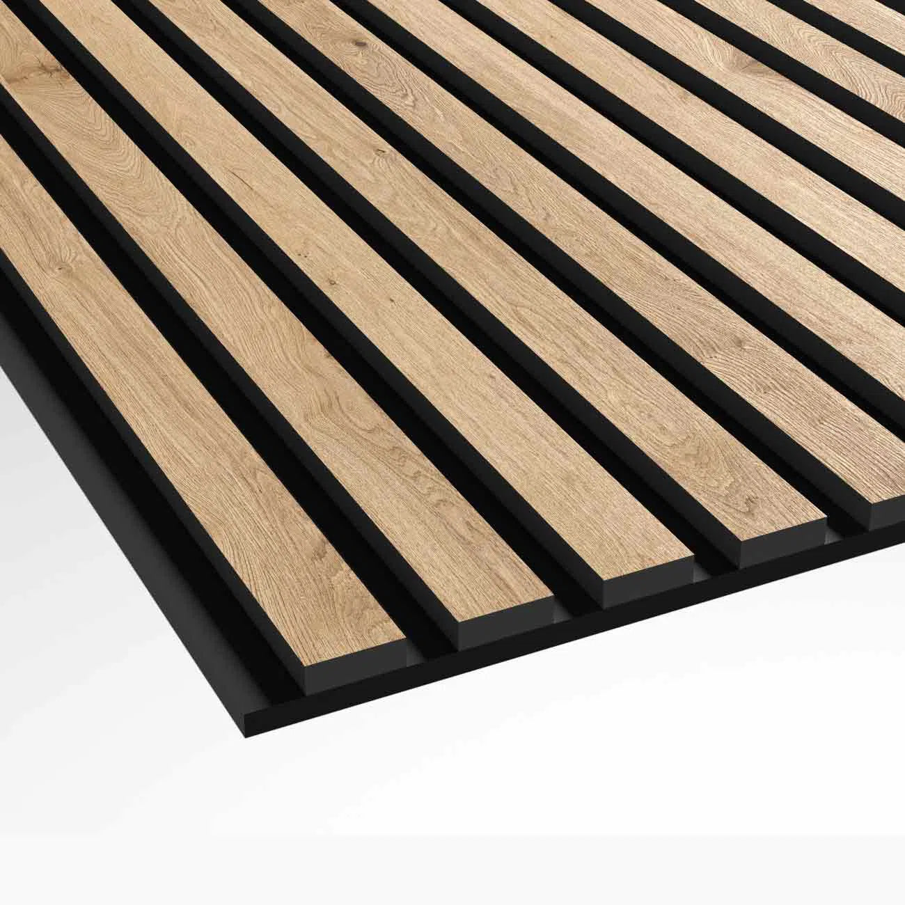 Natural Oak Black Acoustic Wood Slat Wall Panel texture closeup DecorMania UK