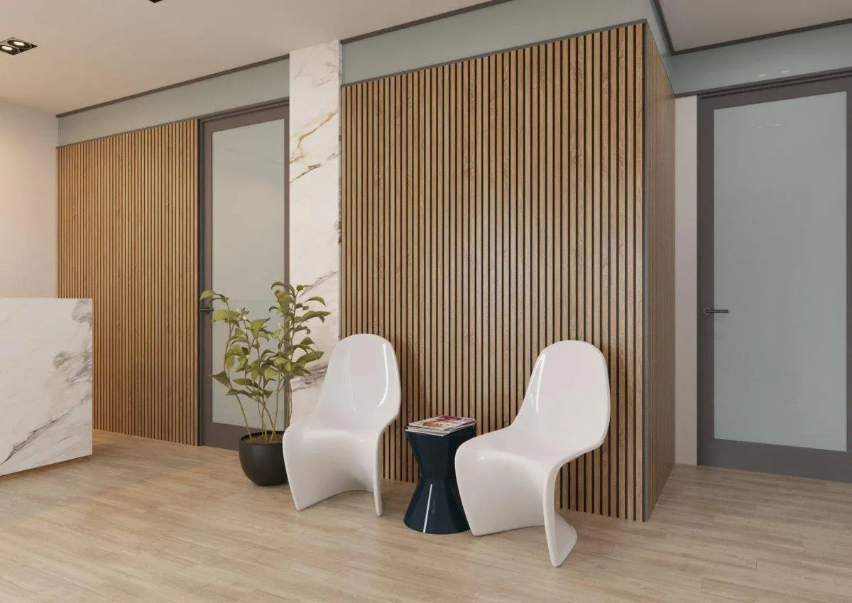 Natural Oak - Black Acoustic Wood Slat Wall Panel feature wall DecorMania.co.uk