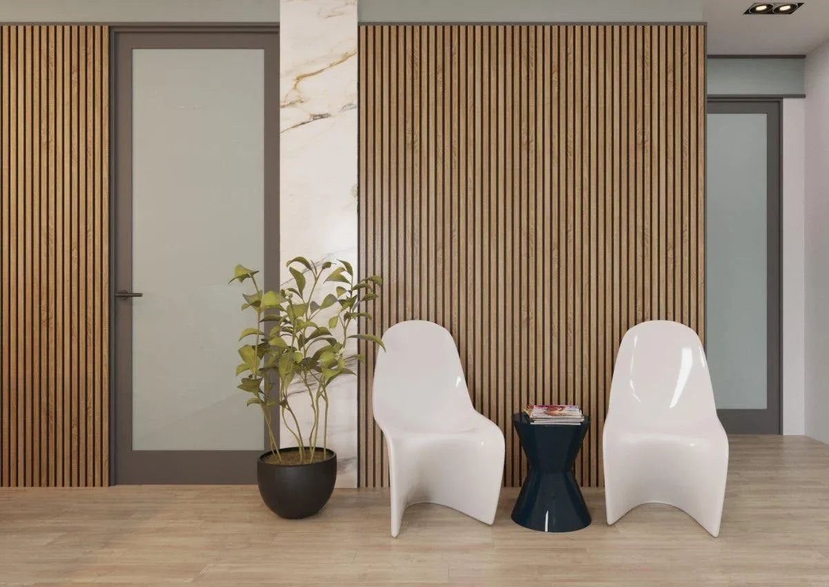 Natural Oak - Black Acoustic Wood Slat Wall Panel feature wall DecorMania.co.uk