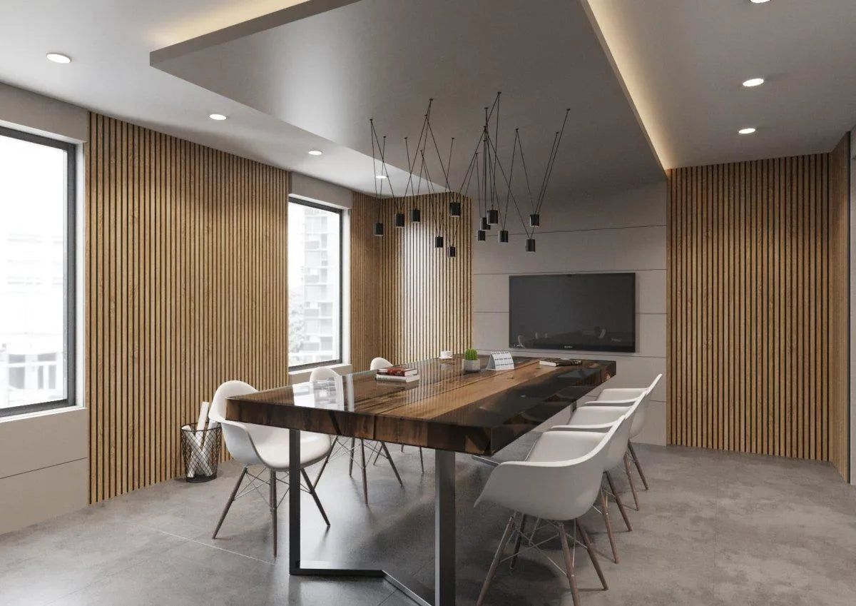 Natural Oak - Black Acoustic Wood Slat Wall Panel in dining room interior DecorMania.co.uk