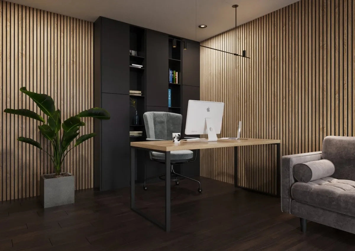 Natural Oak - Black Acoustic Wood Slat Wall Panel in office interior DecorMania.co.uk