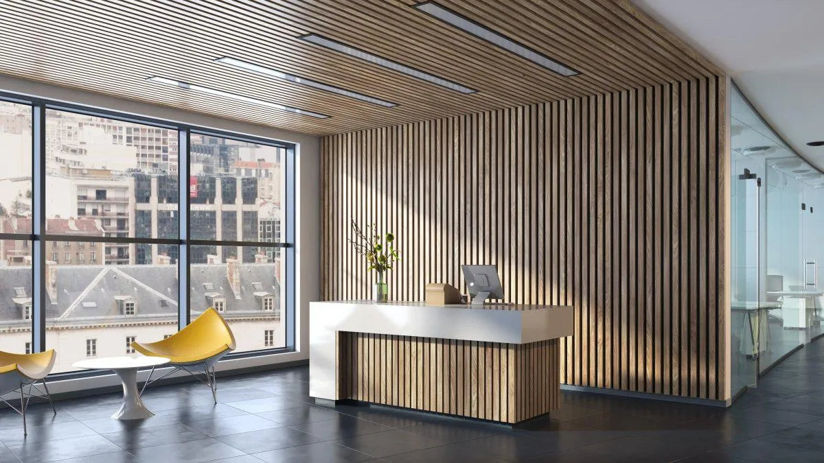 Natural Oak - Black Acoustic Wood Slat Wall Panel in office in modern interior DecorMania.co.uk
